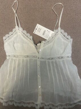 Zara White Lace-Trim Button Front Camisole Top